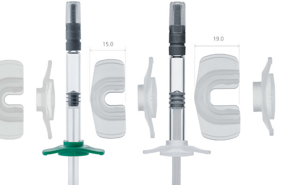 Backstops, finger enlargement for prefillable glass syringes