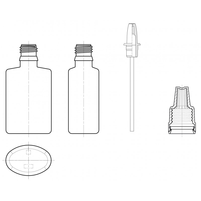 Drawing of spray bottles with nebuliser System NEB plastic bottles and accessoires