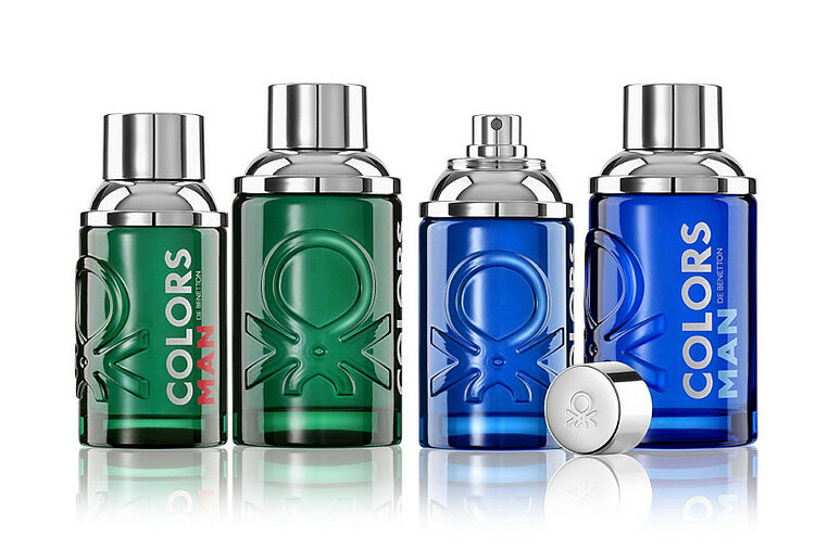 Clear, fresh colors for Benetton’s men’s fragrances.
