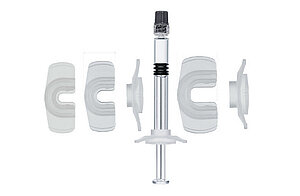 Backstops, finger enlargement for prefillable glass syringes