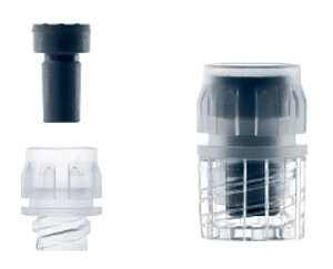 The integrated seal cap consists of two components: an elastomeric component, which is available in different formulations and a rigid, translucent polymer cap.